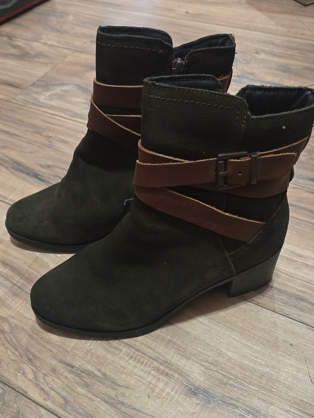 Skechers Women's Suede Ankle Boots with Olive Color Brown Wrap Strap
